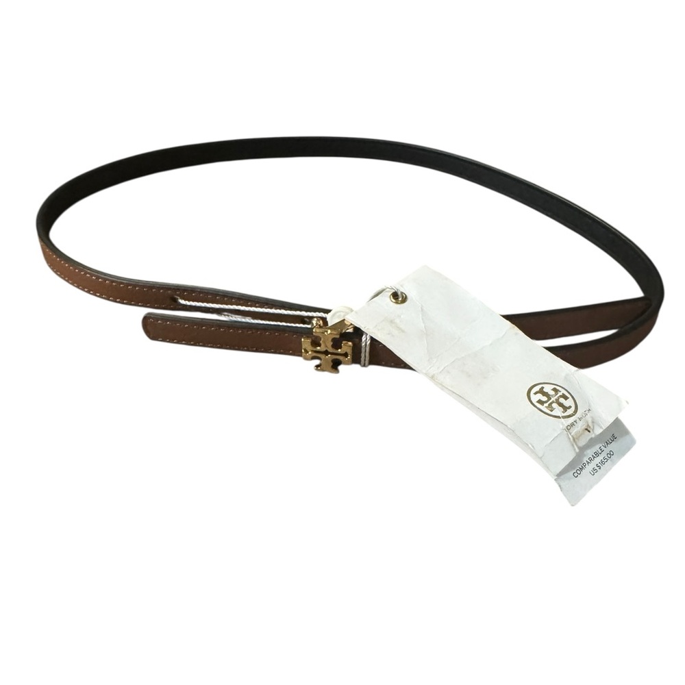 Tory Burch Reversible Tan/Black Leather Belt with Gold Emblem